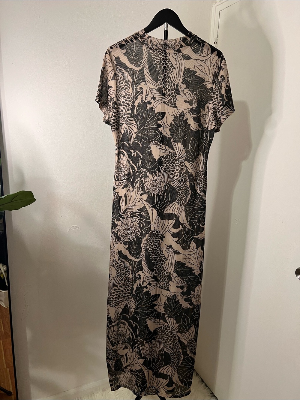 Elegant Koi Fish Print Maxi Dress | Neutral Beige & Black Statement Dress - Picture 4 of 4